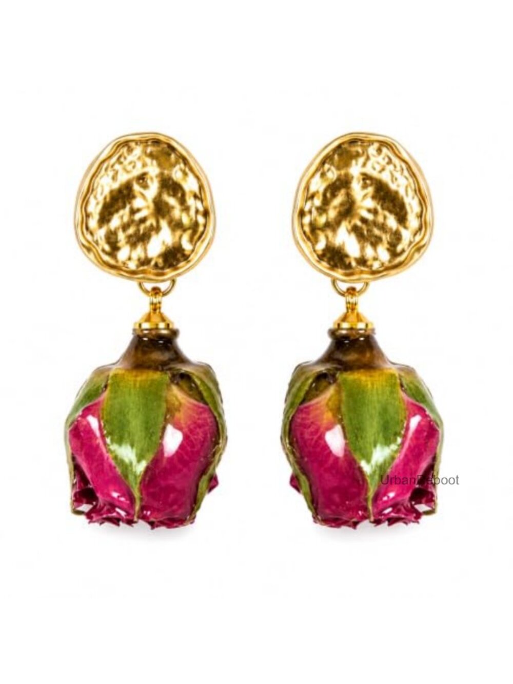 Rose Bud Drop Earrings, Hammered Gold Tone Dangle Statement for Women